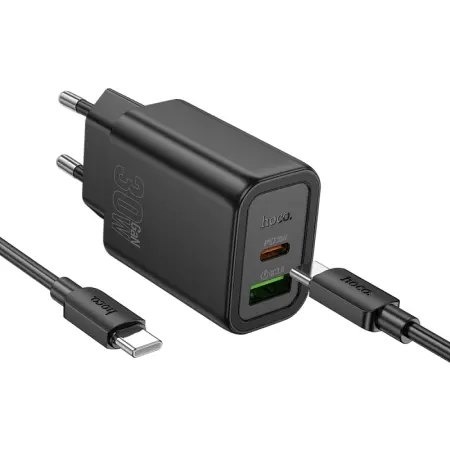 Travel Charger Hoco N63 Gentle Dual Port 30W USB-C and USB-A 5V 3.0A + Charging Cable USB-C to USB-C Black