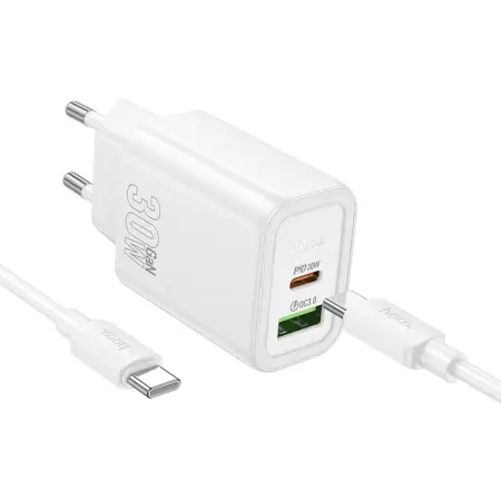 Travel Charger Hoco N63 Gentle Dual Port 30W USB-C and USB-A 5V 3.0A + Charging Cable USB-C to USB-C White