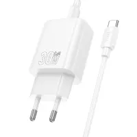 Travel Charger Hoco N63 Gentle Dual Port 30W USB-C and USB-A 5V 3.0A + Charging Cable USB-C to USB-C White