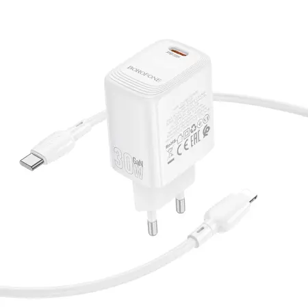 Travel Charger Borofone BN28 Fuente USB-C 30W + Charging Cable USB-C to Lightning White