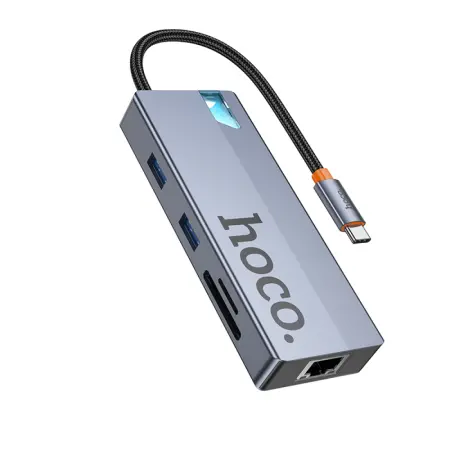 Hub USB-C Hoco HB52 Wow 8-in-1 USB-C to HDTV + RJ45 + SD/TF+ PD + Type-C 3.0 + 2x USB 3.0 Grey18cm