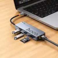 Hub USB-C Hoco HB52 Wow 8-in-1 USB-C to HDTV + RJ45 + SD/TF+ PD + Type-C 3.0 + 2x USB 3.0 Grey18cm