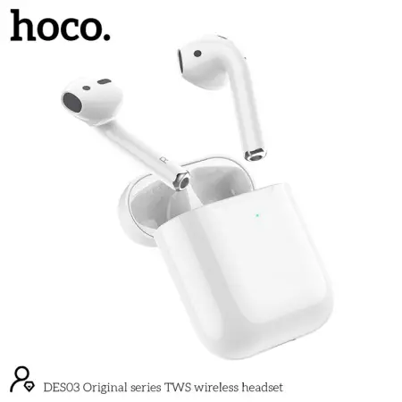 Wireless Hands Free Hoco DES03 Plus TWS V5,0 350mAh 3h Talk Time White with Black Silicon Sleeve