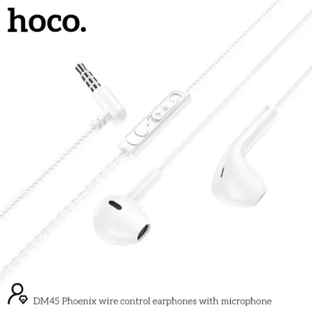 Hands Free Hoco DM45 Phoenix Earphones Stereo 3.5mm with Microphone and Operation Control Button 1.2m White