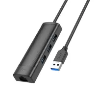 USB Hub Hoco HB42 USB to 3 χ USB 3.0  and RJ45 with Data Transfer 1000Mbps 0.2m Black