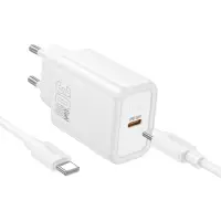 Travel Charger Hoco N62 Gentle Single Port USB-C Quick Charge 30W 5V 3.0A White + Cable USB-C to USB-C
