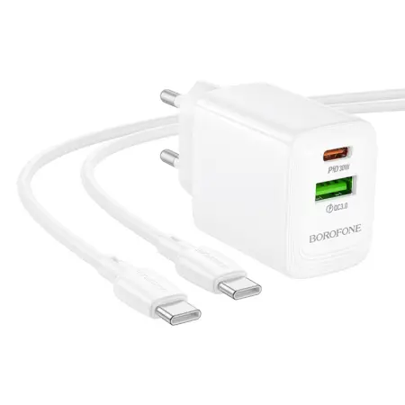 Travel Charger Borofone BN29 Fuente GaN 1xUSB-C PD30W and 1xUSB-A QC3.0A + Charging Cable USB-C to USB-C White