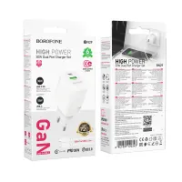 Travel Charger Borofone BN29 Fuente GaN 1xUSB-C PD30W and 1xUSB-A QC3.0A + Charging Cable USB-C to USB-C White