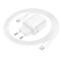 Travel Charger Borofone BN29 Fuente GaN 1xUSB-C PD30W and 1xUSB-A QC3.0A + Charging Cable USB-C to USB-C White