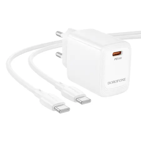 Travel Charger Borofone BN26 Fuente Mini Size GaN USB-C PD20W  + Charging Cable USB-C to USB-C White
