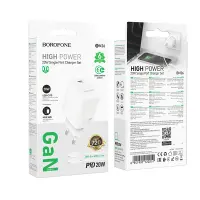 Travel Charger Borofone BN26 Fuente Mini Size GaN USB-C PD20W  + Charging Cable USB-C to USB-C White