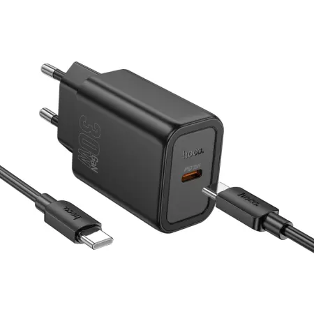 Travel Charger Hoco N62 Gentle Single Port USB-C Quick Charge GaN PD30W 5V 3.0A Black + Cable USB-C to USB-C