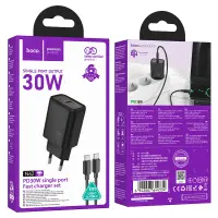 Travel Charger Hoco N62 Gentle Single Port USB-C Quick Charge GaN PD30W 5V 3.0A Black + Cable USB-C to USB-C
