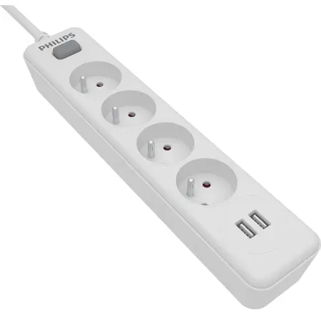 Power Strip Philips SPN3042WA/19 with 4 Inlet Sockets On / Off Switch and 2 USB Ports 2m Cable White