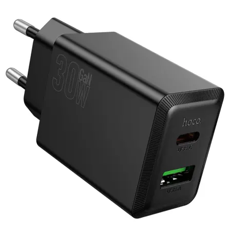 Travel Charger Hoco N71 Nuevo Dual Port GaN PD30W QC3.0A 1xUSB-C and 1xUSB-A Black
