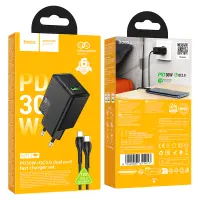 Travel Charger Hoco N71 Nuevo Dual Port GaN PD30W QC3.0A 1xUSB-C and 1xUSB-A Black + Cable Type-C to Type-C Black 1m