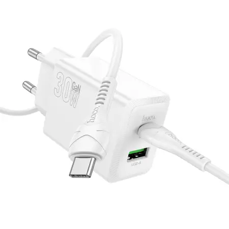 Travel Charger Hoco N71 Nuevo Dual Port GaN PD30W QC3.0A 1xUSB-C and 1xUSB-A White + Cable Type-C to Type-C White 1m