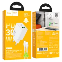 Travel Charger Hoco N71 Nuevo Dual Port GaN PD30W QC3.0A 1xUSB-C and 1xUSB-A White + Cable Type-C to Type-C White 1m