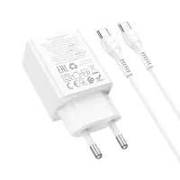 Travel Charger Hoco N71 Nuevo Dual Port GaN PD30W QC3.0A 1xUSB-C and 1xUSB-A White + Cable Type-C to Type-C White 1m