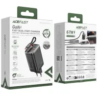 Travel Charger Acefast A111 Fast Charging USB-C and USB-A PD67W QC3.0 GaN and Retractable USB-C Cable 0.65m Black