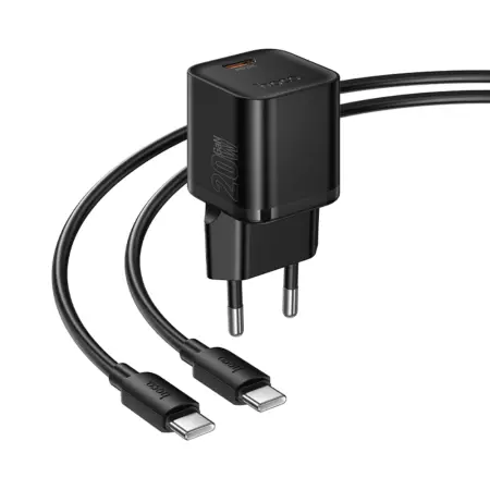 Travel Charger Hoco N64 Ingenious Single Port GaN PD20W USB-C 5V 3.0A + USB-C to USB-C Cable 1m Black