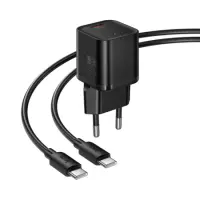 Travel Charger Hoco N64 Ingenious Single Port GaN PD20W USB-C 5V 3.0A + USB-C to USB-C Cable 1m Black