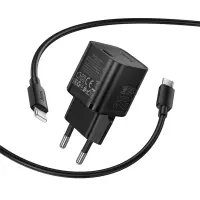 Travel Charger Hoco N64 Ingenious Single Port GaN PD20W USB-C 5V 3.0A + USB-C to USB-C Cable 1m Black
