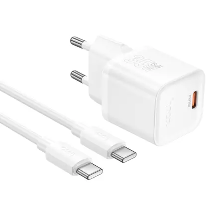 Travel Charger Hoco N66 Ingenious Single Port GaN PD35W USB-C 5V 3.0A + USB-C to USB-C Cable 1m White