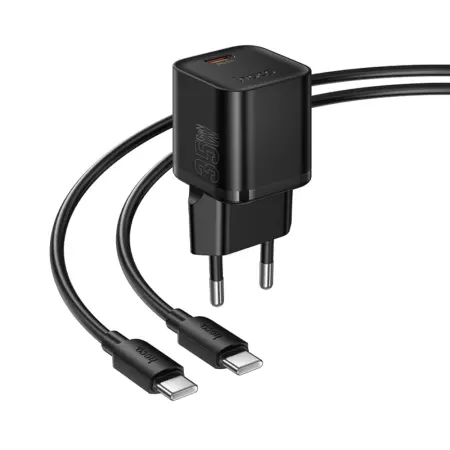 Travel Charger Hoco N66 Ingenious Single Port GaN PD35W USB-C 5V 3.0A + USB-C to USB-C Cable 1m Black