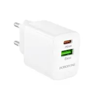 Travel Charger Borofone BN29 Fuente GaN 1xUSB-C PD30W and 1xUSB-A QC3.0A White