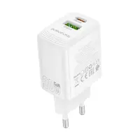 Travel Charger Borofone BN29 Fuente GaN 1xUSB-C PD30W and 1xUSB-A QC3.0A White