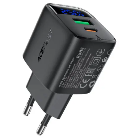 Travel Charger Acefast A114 Fast Charging 1xUSB-A + 1xUSB-C PD25W QC3.0 GaN with LED Digital Display Black