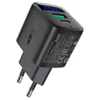 Travel Charger Acefast A114 Fast Charging 1xUSB-A + 1xUSB-C PD25W QC3.0 GaN with LED Digital Display Black