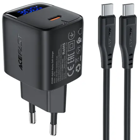 Travel Charger Acefast A115 Fast Charging USB-C PD30W 3.0A GaN with LED Digital Display + USB-C to USB-C Cable Black