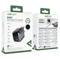 Travel Charger Acefast A115 Fast Charging USB-C PD30W 3.0A GaN with LED Digital Display Black