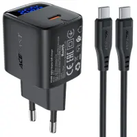 Travel Charger Acefast A113 Fast Charging USB-C PD20W GaN with Digital Display + USB-C to USB-C Cable Black