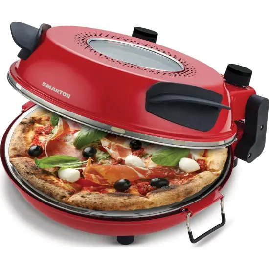 Electric Pizza Oven Smarton PO 300 with Temperature and Timer Control and Audible Timer Signal Red