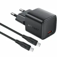 Travel Charger Acefast A118 Mini Fast Charging 1xUSB-C PD30W QC3.0 GaN with USB-C to USB-C Cable 1.2m Black