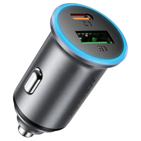 Car Charger Acefast B15 1xUSB-C 1xUSB-A PD65W QC3.0 Aluminum Housing with Ambient Light Grey