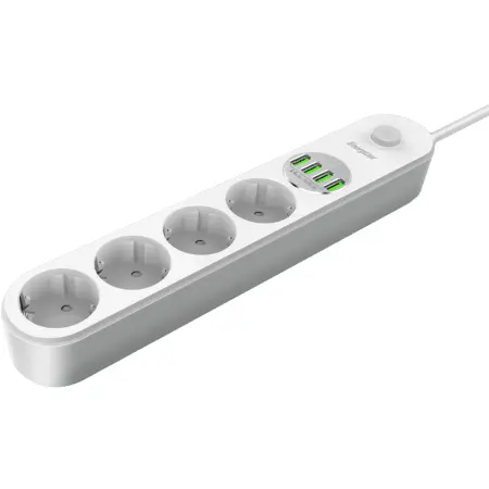 Energizer EPB2500W00EU Power Strip with 4 Suko Ports 2500W 10A Max 4xUSB-A Ports 17W and On/Off Switch Cable 2m White