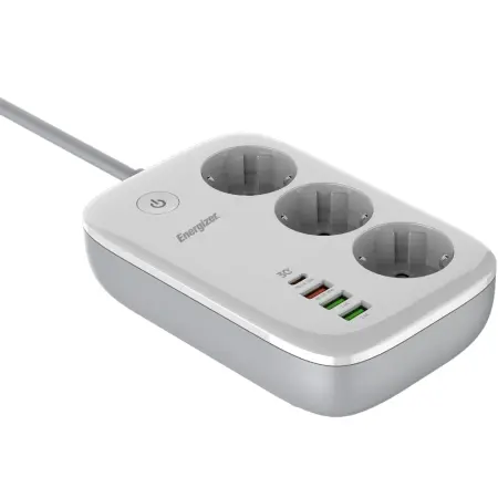 Desktop Charger Energizer EPB2500W02EU 2500W 10A Max with 3xSuko Sockets + 1xUSB-C PD30W + 3xUSB-A 18W QC3.0 / 2.4A, Safety On/Off Switch and WiFi Control Cable 2m White