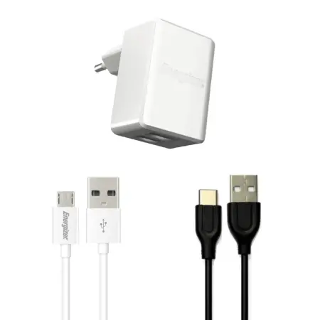 Set Travel Charger Energizer ACW2CEUUMC3 3.4A with USB to Micro USB Cable + Cable Hoco USB to USB-C 3A