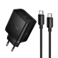 Travel Charger Hoco N75 Grande GaN 65W High Power Fast Charger with 2xUSB-C and 1χUSB-A and USB-C to USB-C 60W Cable Black