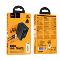 Travel Charger Hoco N75 Grande GaN 65W High Power Fast Charger with 2xUSB-C and 1χUSB-A and USB-C to USB-C 60W Cable Black