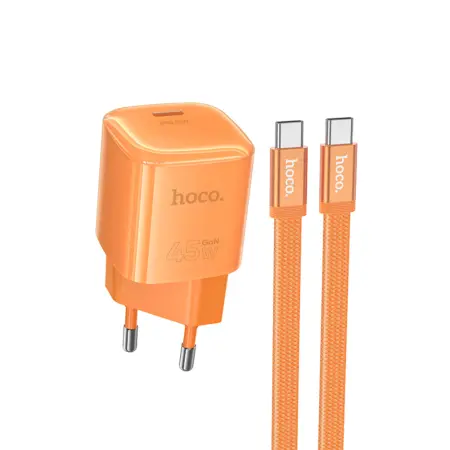 Travel Charger Hoco DC148 Ridge 1xUSB-C PD45W GaN QC with USB-C to USB-C Cable 1.2m Braided Orange