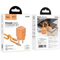 Travel Charger Hoco DC148 Ridge 1xUSB-C PD45W GaN QC with USB-C to USB-C Cable 1.2m Braided Orange