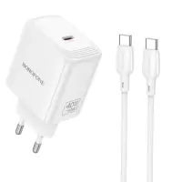 Travel Charger Borofone BN33 Fuente GaN USB-C PD40W + Charging Cable USB-C to USB-C White