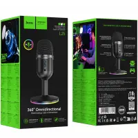 Desktop Microphone Hoco L25 for Streaming and Video Calls RGB USB AUX Omnidirectional Mic Mute and Monitoring Buttons Black