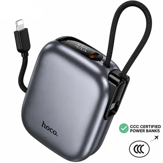 Power Bank Hoco Q49 Peak 10000mAh PD20W QC with Integrated Cables USB-C Lighting and LED Display Grey