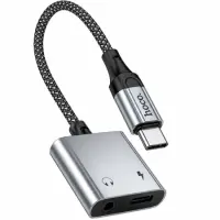 Adapter Hoco UPA34 USB-C to USB-C and 3.5mm Braided Metal Grey